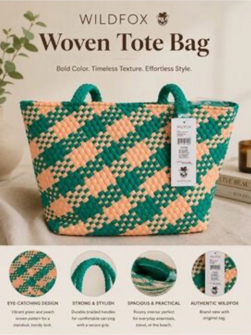 🌼NWT:Wildfox Teal and Peach Woven Tote
